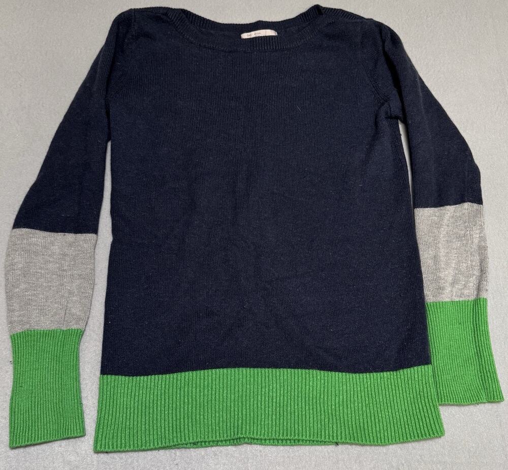 GAP Navy Sweater with Green Hem and Gray Sleeve Bands Medium Color-block Knit